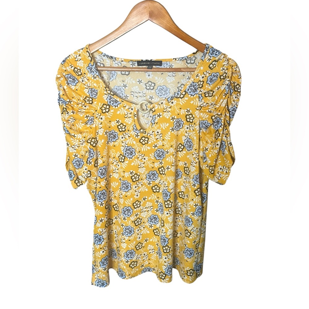 Adrienne Vittadini EUC Yellow and Blue Floral Blouse Sz Large